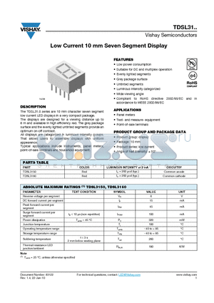 TDSL3150_10 datasheet - Low Current 10 mm Seven Segment Display