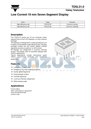 TDSL3160 datasheet - Low Current 10 mm Seven Segment Display