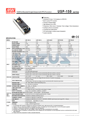 USP-150-12 datasheet - 150W U-Bracket Single Output with PFC Function