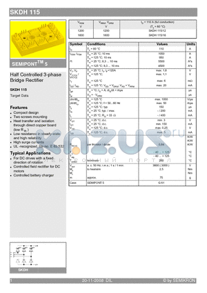 SKDH115-12 datasheet - Half Controlled 3-phase Bridge Rectifier