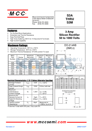 S3G datasheet - 3 Amp Silicon Rectifier 50 to 1000 Volts