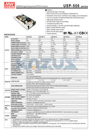 USP-500-5 datasheet - 500W Single Output with PFC Function
