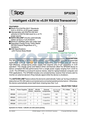 SP3238CY datasheet - Intelligent 3.0V to 5.5V RS-232 Transceiver