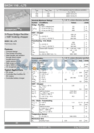 SKDH116/16-L75 datasheet - 3-Phase Bridge Rectifier  IGBT braking chopper