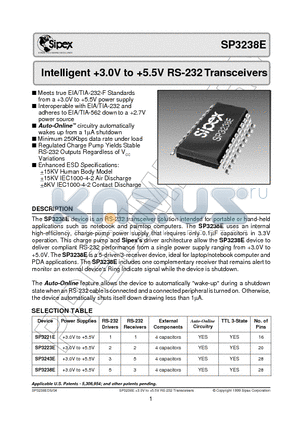 SP3238E datasheet - Intelligent 3.0V to 5.5V RS-232 Transceivers