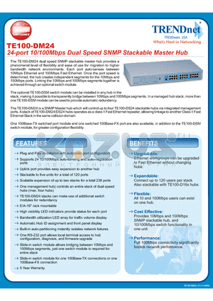 TE100-DSM datasheet - 24-port 10/100Mbps Dual Speed SNMP Stackable Master Hub