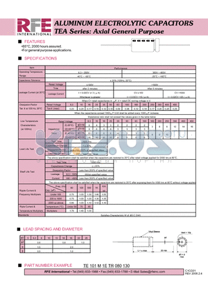 TE101M1ETR080130 datasheet - ALUMINUM ELECTROLYTIC CAPACITORS TEA Series: Axial General Purpose