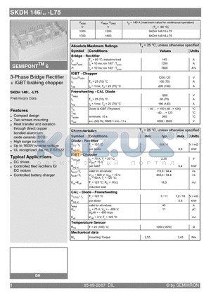SKDH146/16-L75 datasheet - 3-Phase Bridge Rectifier  IGBT braking chopper
