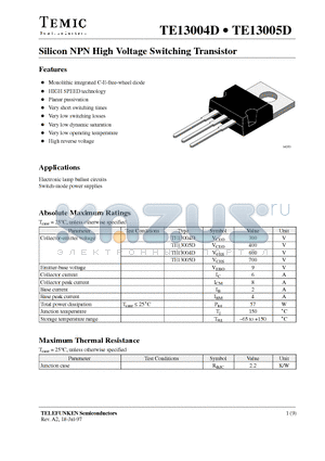 TE13004D datasheet - Silicon NPN High Voltage Switching Transistor