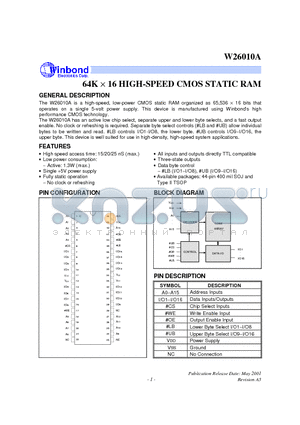 W26010A datasheet - 64K 16 HIGH-SPEED CMOS STATIC RAM