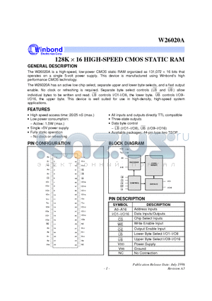 W26020AT-20 datasheet - 128K X 16 High Speed CMOS Static RAM