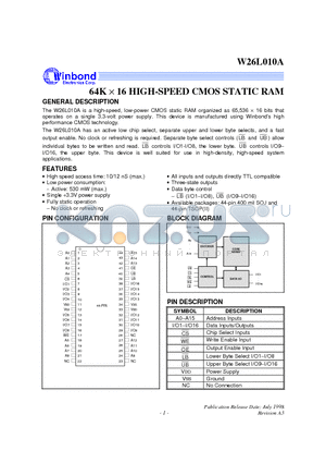W26L010A-12 datasheet - 64K X 16 High Speed CMOS Static RAM