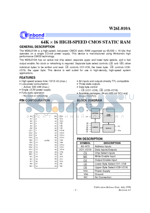 W26L010AJ-12 datasheet - 64K X 16 High Speed CMOS Static RAM