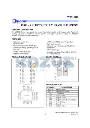 W27C010-15 datasheet - 128K X 8 ELECTRICALLY ERASABLE EPROM
