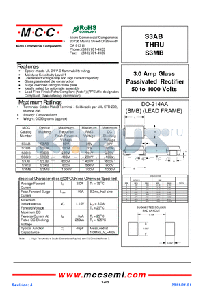 S3JB datasheet - 3.0 Amp Glass Passivated Rectifier 50 to 1000 Volts