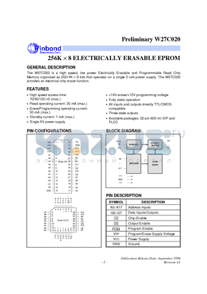 W27C020-90 datasheet - 256K X 8 ELECTRICALLY ERASABLE EPROM