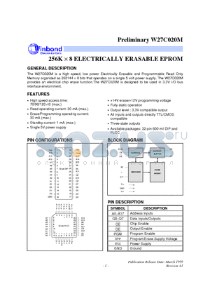 W27C020PM-90 datasheet - 256K X 8 ELECTRICALLY ERASABLE EPROM