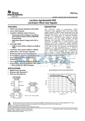 TPS71727DCKT datasheet - Low Noise, High-Bandwidth PSRR Low-Dropout 150mA Linear Regulator
