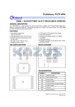 W27C4096 datasheet - 256K X 16 ELECTRICALLY ERASABLE EPROM