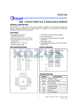 W27C512-45 datasheet - 64K X 8 ELECTRICALLY ERASABLE EPROM