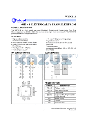 W27C512P-70 datasheet - 64K X 8 ELECTRICALLY ERASABLE EPROM