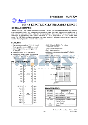 W27C520 datasheet - 64K X 8 ELECTRICALLY ERASABLE EPROM