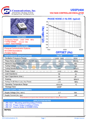 USSP2400 datasheet - LOW COST - HIGH PERFORMANCE VOLTAGE CONTROLLED OSCILLATOR