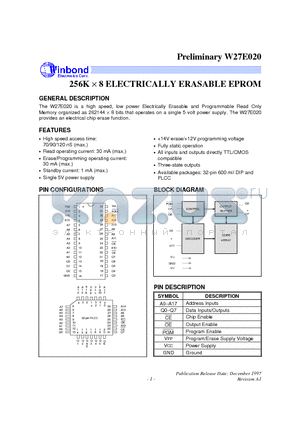 W27E020P-90 datasheet - 256K X 8 ELECTRICALLY ERASABLE EPROM