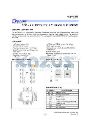 W27E257 datasheet - 32K X 8 ELECTRICALLY ERASABLE EPROM