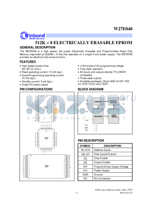 W27E040S-90 datasheet - 512K X 8 ELECTRICALLY ERASABLE EPROM