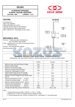 S3L20U datasheet - ULTRAFAST EFFICIENT PLASTIC SILICON RECTIFIER VOLTAGE200v CURRENT 2.1A