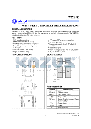 W27E512-70 datasheet - 64K X 8 ELECTRICALLY ERASABLE EPROM