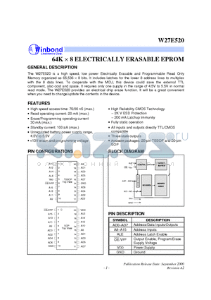 W27E520S-70 datasheet - 64K X 8 ELECTRICALLY ERASABLE EPROM