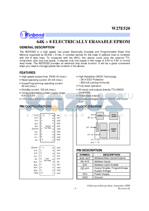 W27E520S-90 datasheet - 64K X 8 ELECTRICALLY ERASABLE EPROM