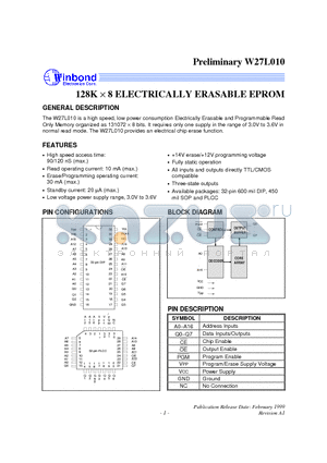 W27L010-90 datasheet - 128K d 8 ELECTRICALLY ERASABLE EPROM