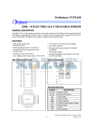 W27L010P-12 datasheet - 128K d 8 ELECTRICALLY ERASABLE EPROM