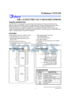 W27L520S-90 datasheet - 64K X 8 ELECTRICALLY ERASABLE EPROM