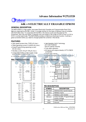 W27LE520 datasheet - 64K X 8 ELECTRICALLY ERASABLE EPROM