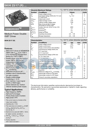 SKHI23-17 datasheet - Medium Power Double IGBT Driver