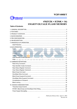 W28V400T datasheet - 4M(512K x 8/256K x 16) SMARTVOLTAGE FLASH MEMORY