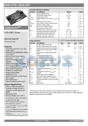 SKHI27F datasheet - PCB IGBT Driver