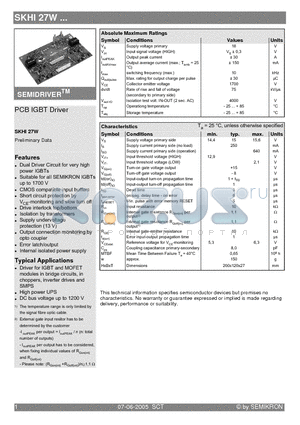 SKHI27W datasheet - PCB IGBT Driver
