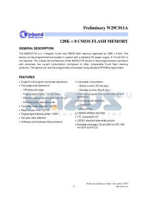 W29C011A-15 datasheet - 128K X 8 CMOS FLASH MEMORY