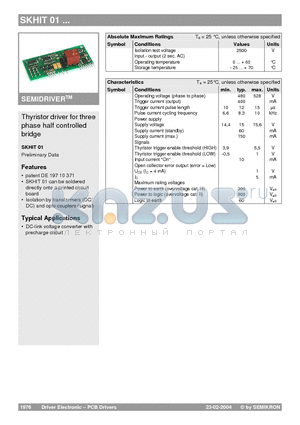 SKHIT01 datasheet - Thyristor driver for three phase half controlled bridge