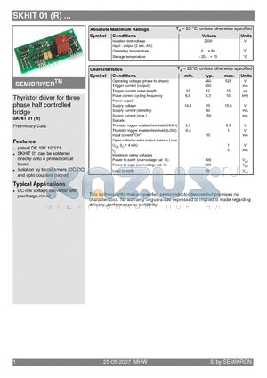 SKHIT01 datasheet - Thyristor driver for three phase half controlled bridge