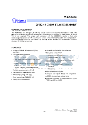 W29C020C datasheet - 256K X 8 CMOS FLASH MEMORY