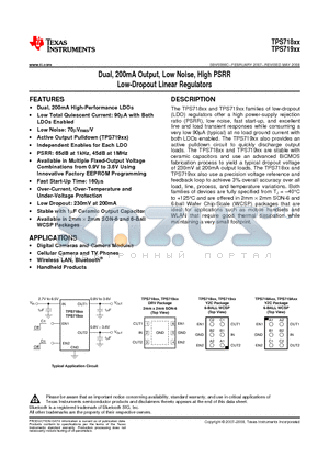 TPS71818-27YZCT datasheet - Dual, 200mA Output, Low Noise, High PSRR Low-Dropout Linear Regulators