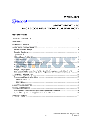 W28F641TT80L datasheet - 64MBIT (4MBIT  16) PAGE MODE DUAL WORK FLASH MEMORY