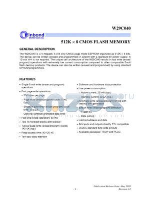 W29C040P-90 datasheet - 512K X 8 CMOS FLASH MEMORY