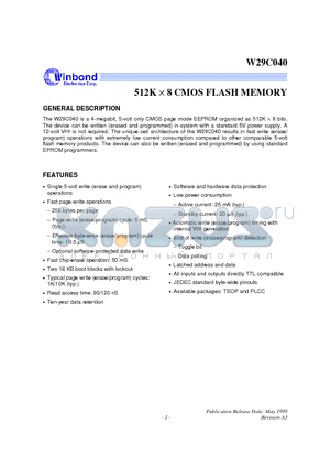 W29C040T-12B datasheet - 512K X 8 CMOS FLASH MEMORY